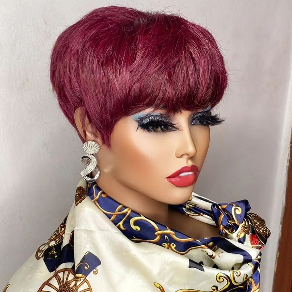 Brown Short Pixie Cut Wig Human Hair For Black Women Machine Made Wigs With Bangs Colored Human Hai 3