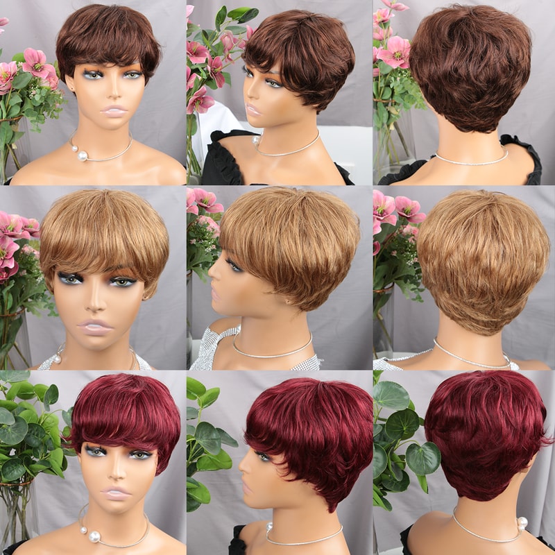 Brown Short Pixie Cut Wig Human Hair For Black Women Machine Made Wigs With Bangs Colored Human Hai 4
