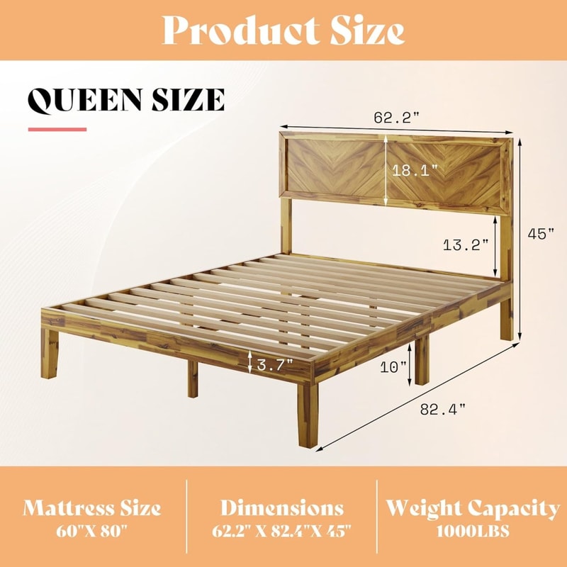 Mid Century Modern Platform Bed Queen Solid Acacia Wood Bed Frame With Smooth Pattern Headboard Woo 6