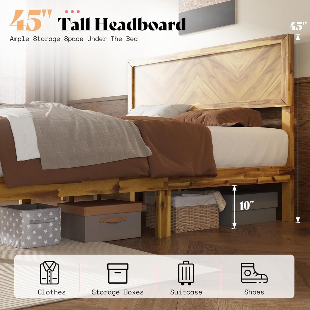 Mid Century Modern Platform Bed Queen Solid Acacia Wood Bed Frame With Smooth Pattern Headboard Woo 2