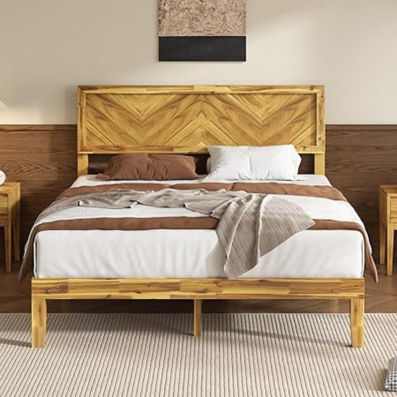 Mid Century Modern Platform Bed Queen Solid Acacia Wood Bed Frame With Smooth Pattern Headboard Woo 5