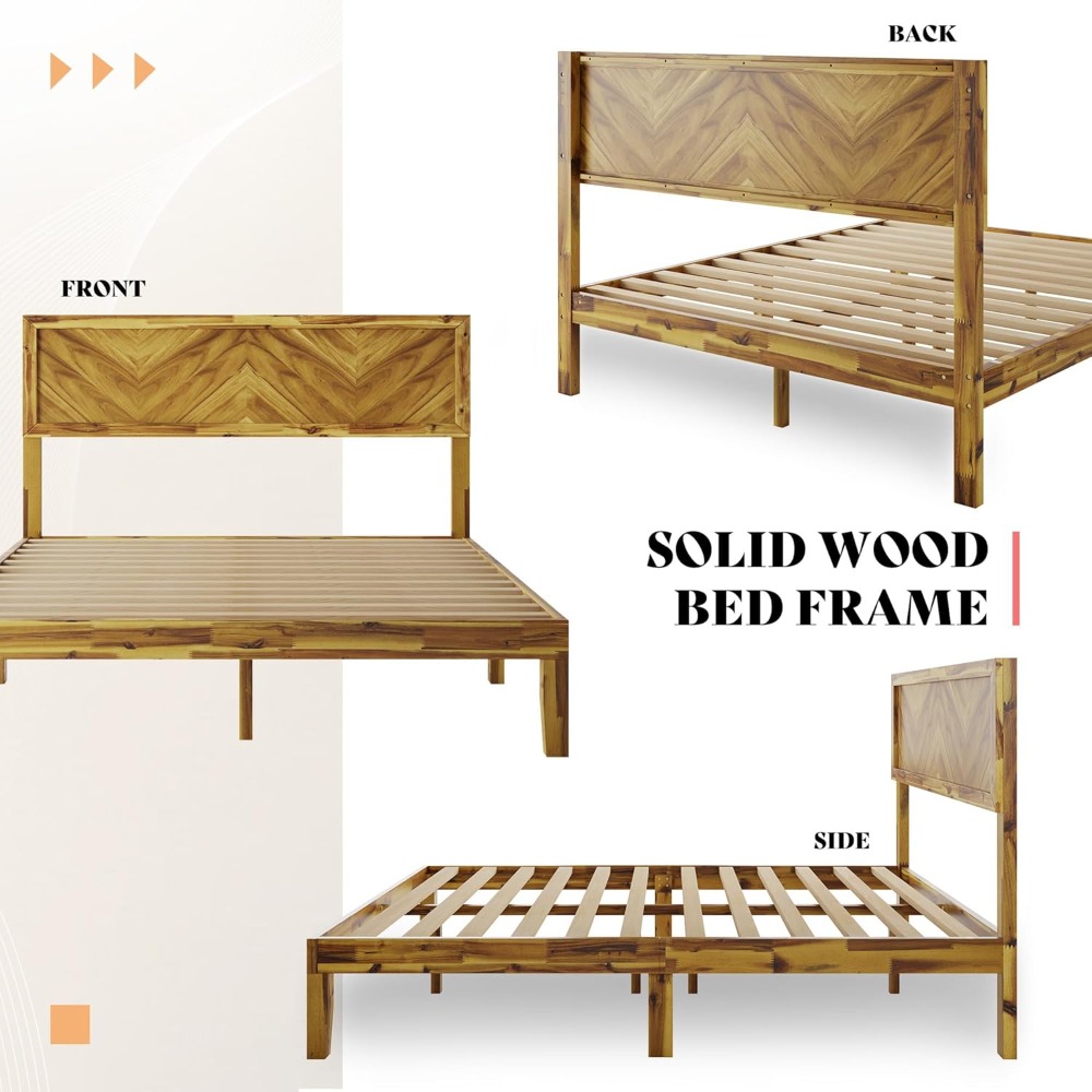Mid Century Modern Platform Bed Queen Solid Acacia Wood Bed Frame With Smooth Pattern Headboard Woo 4