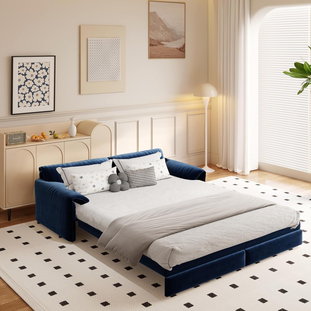 Convertible Sleeper Sofa Queen Pull Out Sofa Bed With Side Storage Velvet MultiFunctional Loveseat 9