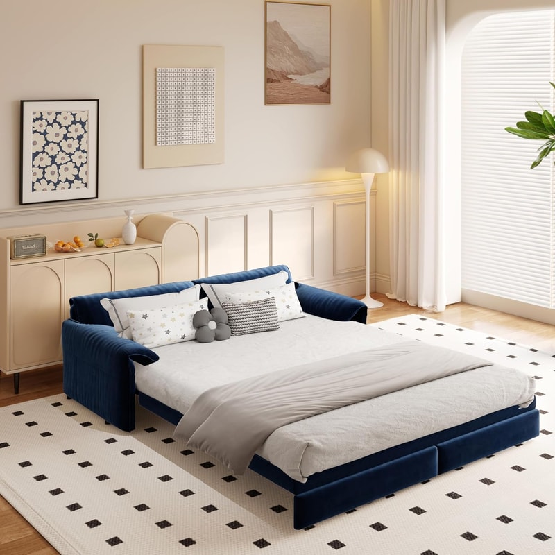Convertible Sleeper Sofa Queen Pull Out Sofa Bed With Side Storage Velvet MultiFunctional Loveseat 9