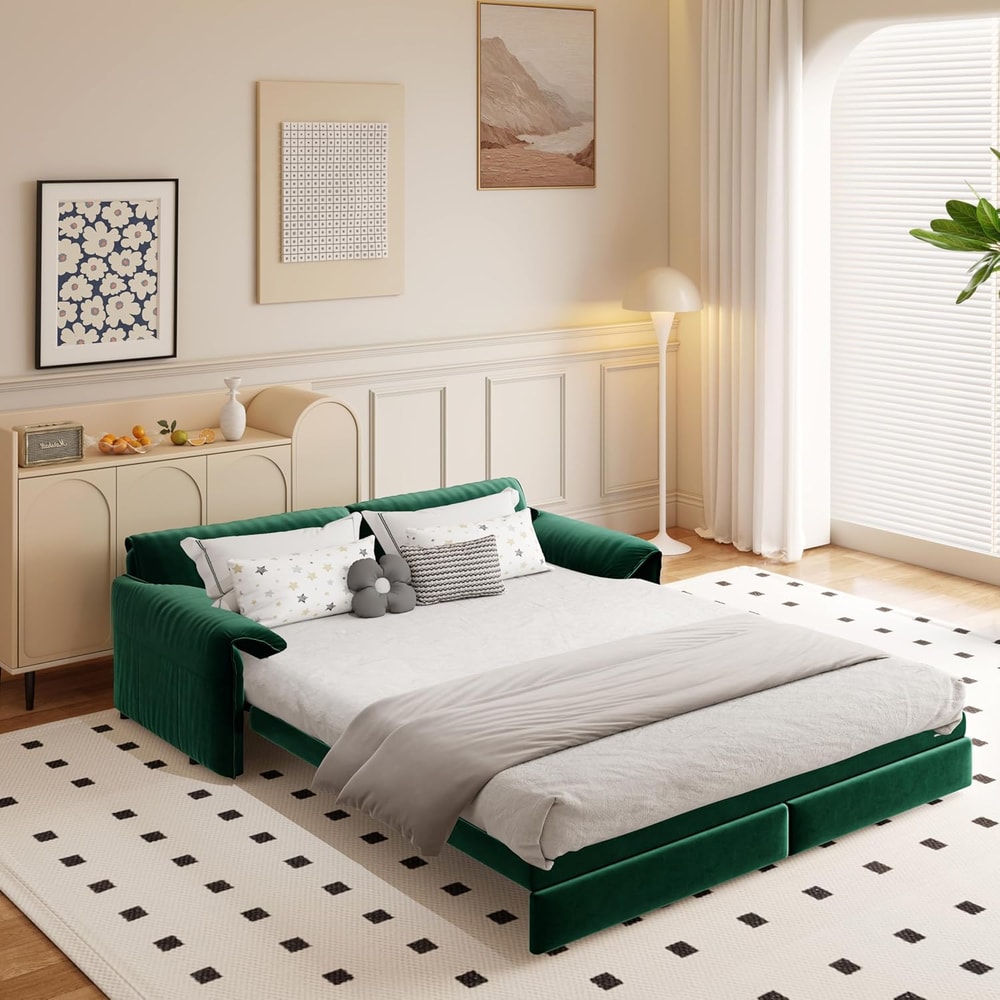 Convertible Sleeper Sofa Queen Pull Out Sofa Bed With Side Storage Velvet MultiFunctional Loveseat 10