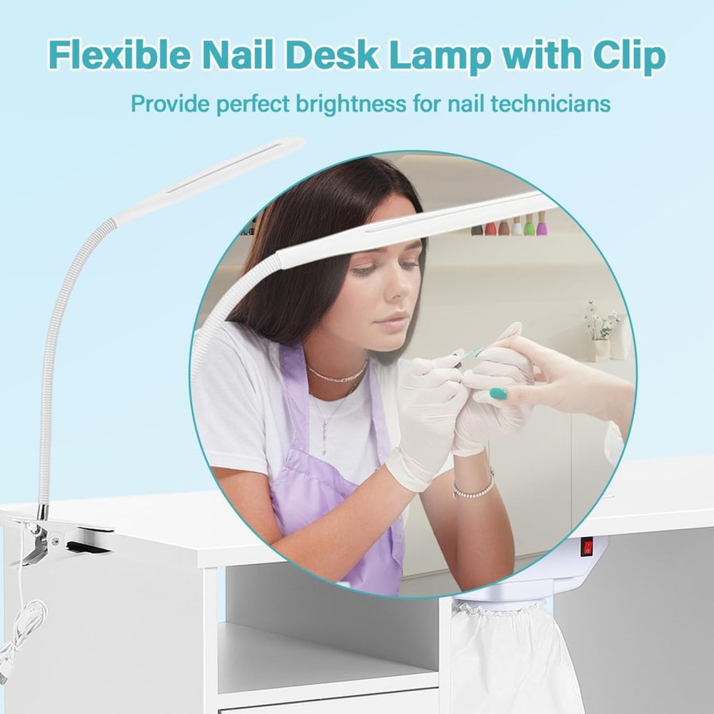 Nail Tech Table Desk With Charging Station Dust Collector LED Lamp NonWoven Drawers 4