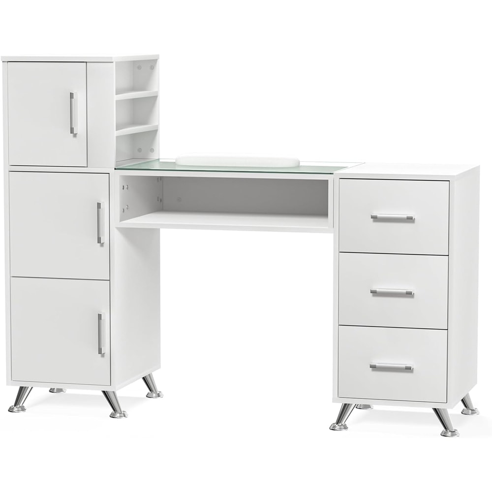 Acetone Resistant White Manicure Table Nail Desk With Glass And Storage Large Capacity Nail Station 0