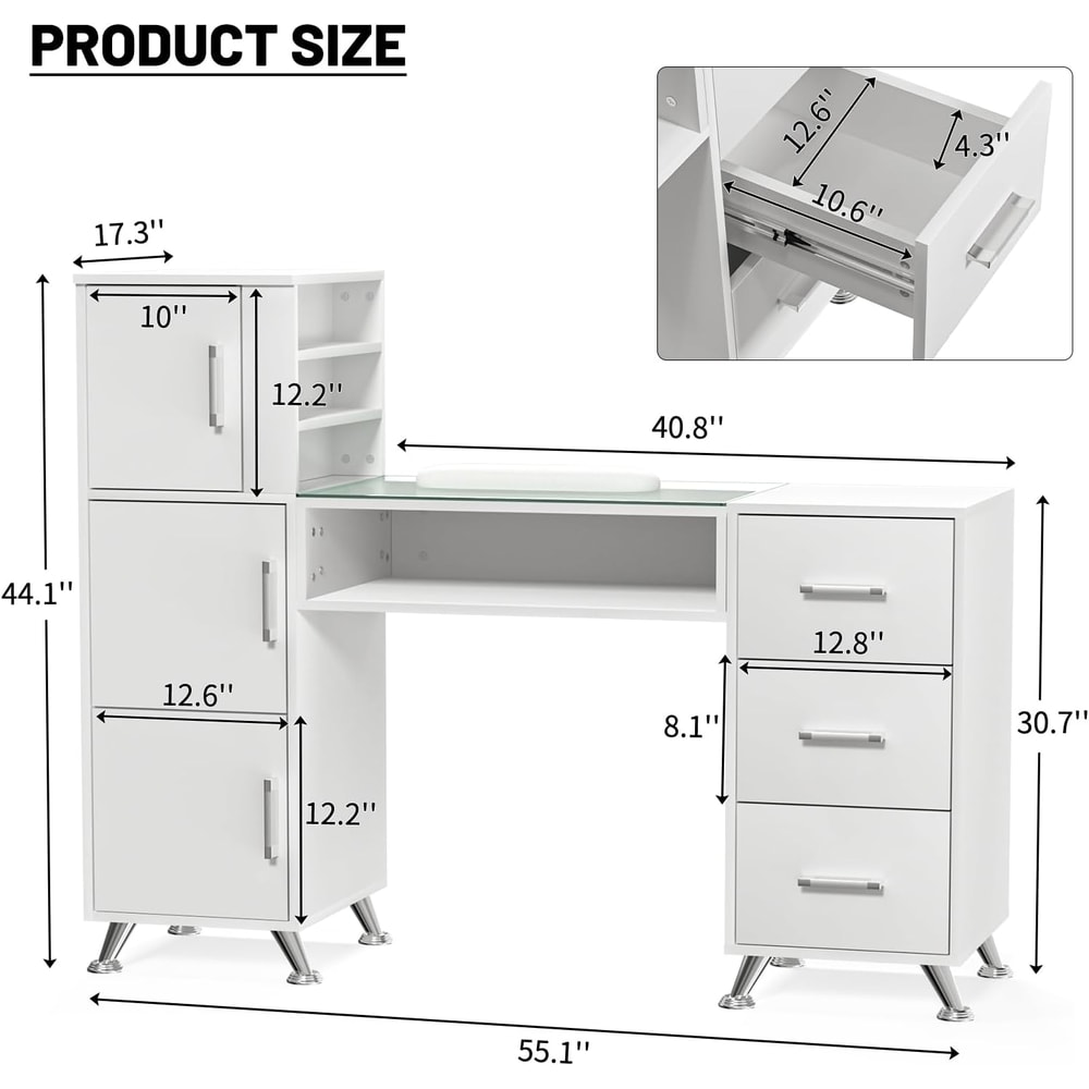 Acetone Resistant White Manicure Table Nail Desk With Glass And Storage Large Capacity Nail Station 6