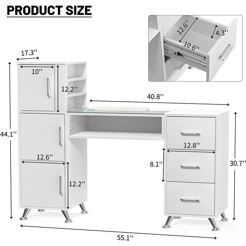 Acetone Resistant White Manicure Table Nail Desk With Glass And Storage Large Capacity Nail Station 6