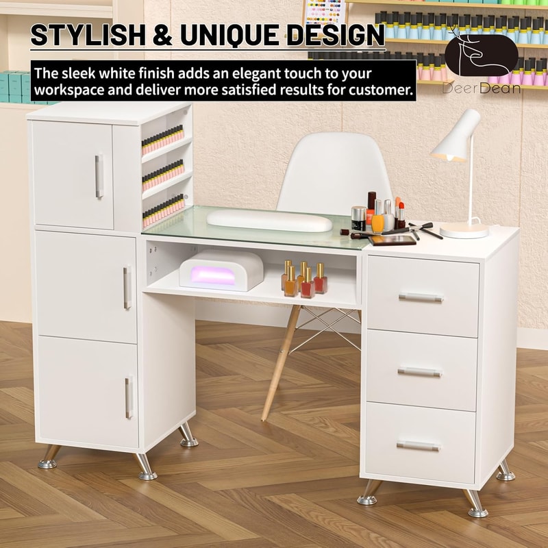 Acetone Resistant White Manicure Table Nail Desk With Glass And Storage Large Capacity Nail Station 1