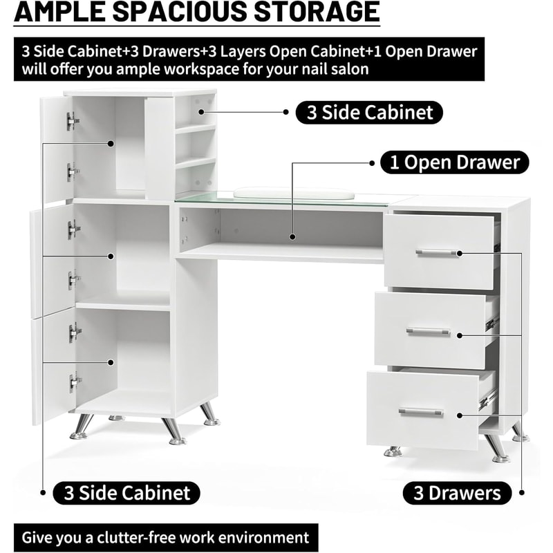 Acetone Resistant White Manicure Table Nail Desk With Glass And Storage Large Capacity Nail Station 2