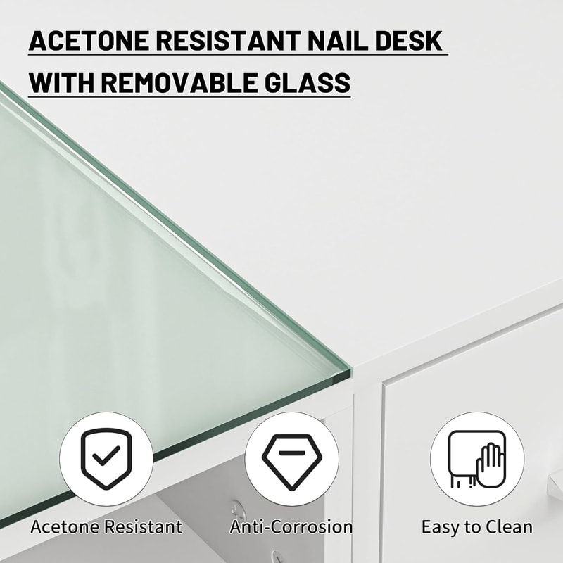 Acetone Resistant White Manicure Table Nail Desk With Glass And Storage Large Capacity Nail Station 3