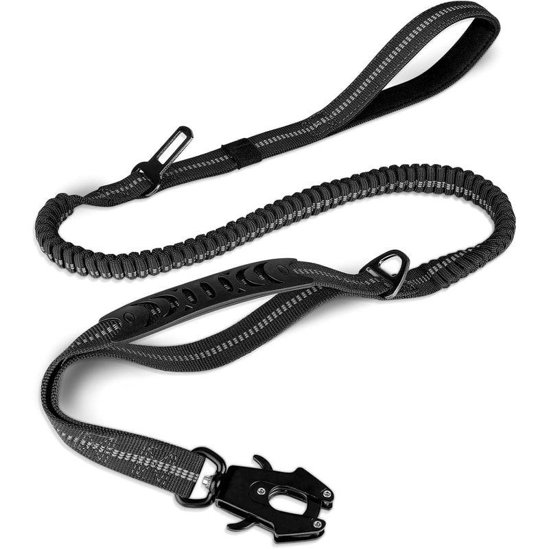 Heavy Duty Tactical Dog Leash Shock Absorbing Bungee Lead With Metal Carabiner Clip Padded Handles 10