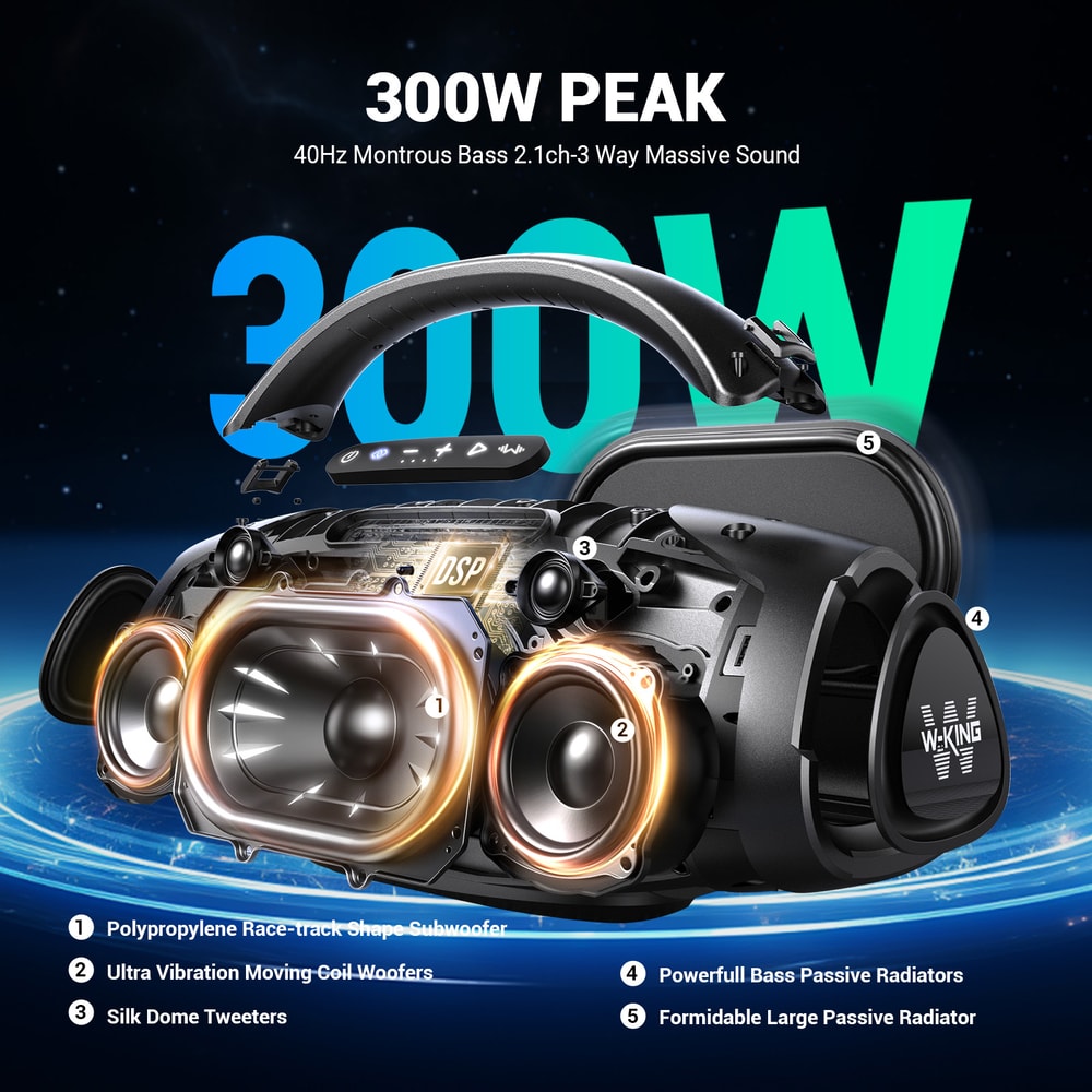 Large Loud Portable Bluetooth Speakers RMS Party Boombox Waterproof Speaker for Outdoor Use Massive Bass