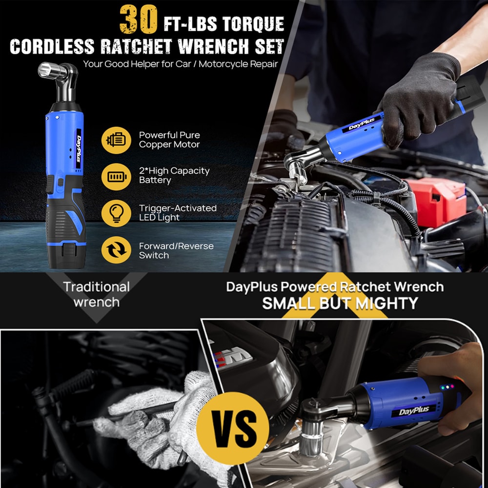 Cordless Electric Right Ratchet Wrench LED Work Light With Socket Set And Batteries 1