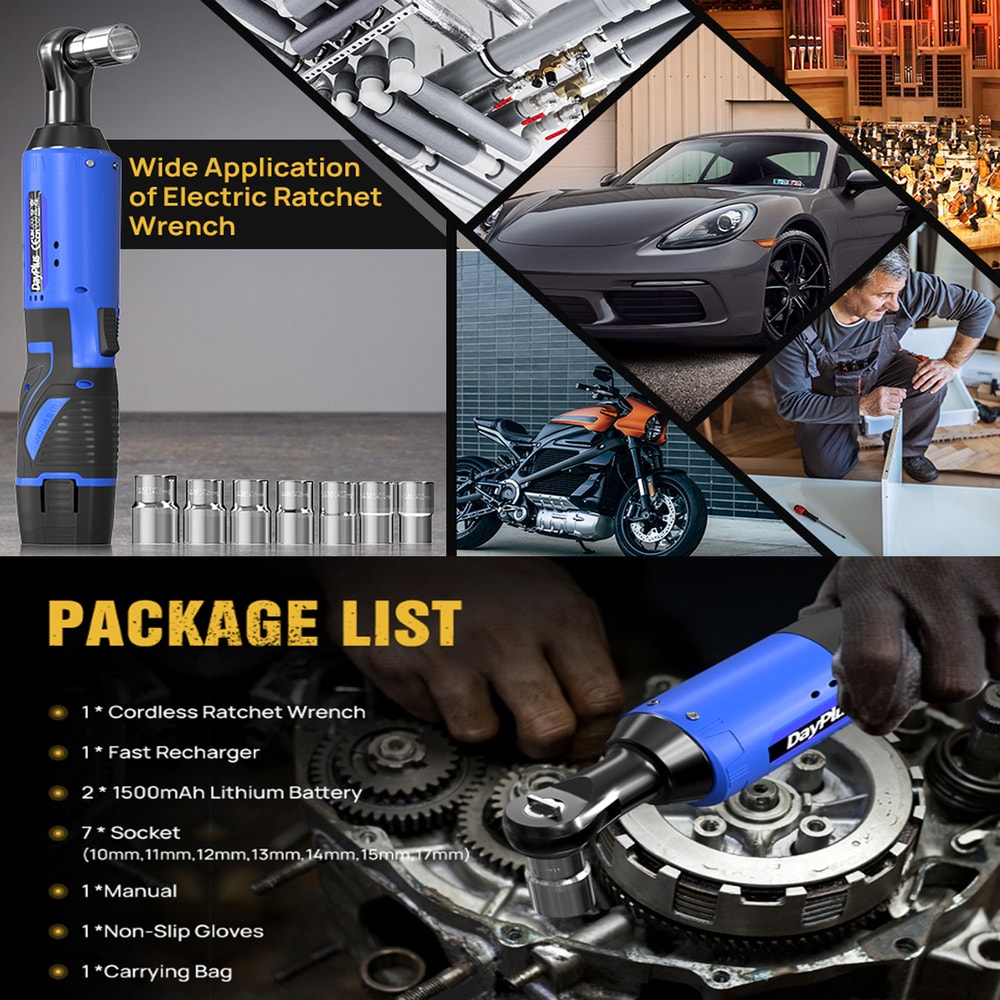 Cordless Electric Right Ratchet Wrench LED Work Light With Socket Set And Batteries 5