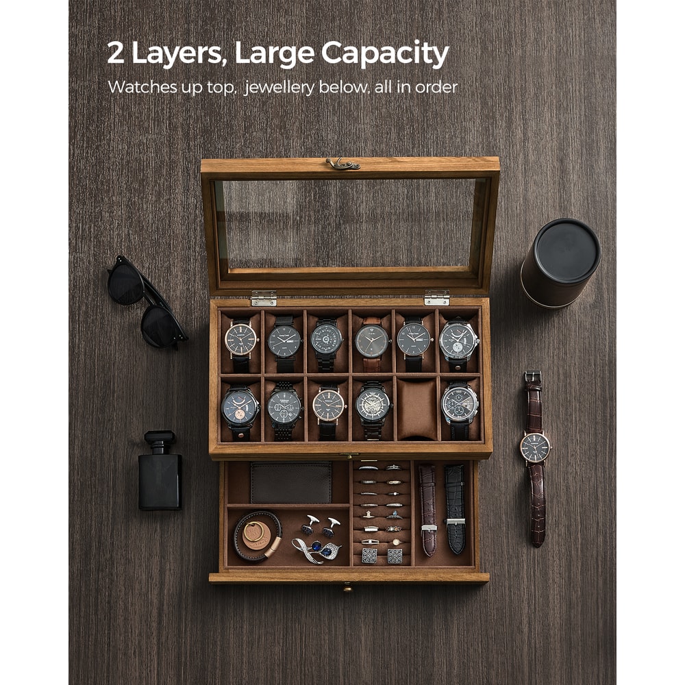 Slot Watch Box With Large Glass Lid Velvet Lining Removable Watch Pillows Jewelry Display Case 2