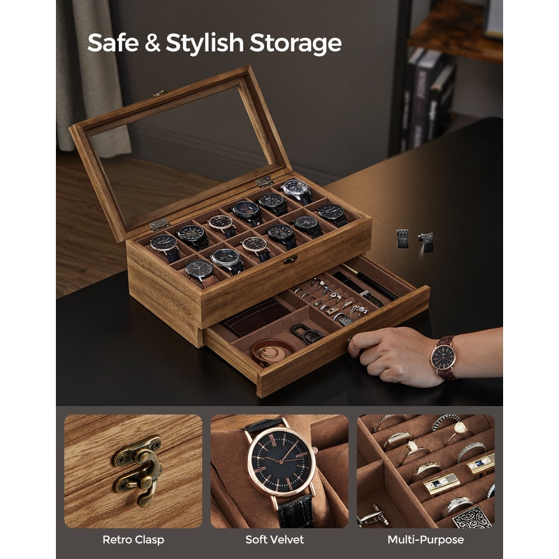 Slot Watch Box With Large Glass Lid Velvet Lining Removable Watch Pillows Jewelry Display Case 3