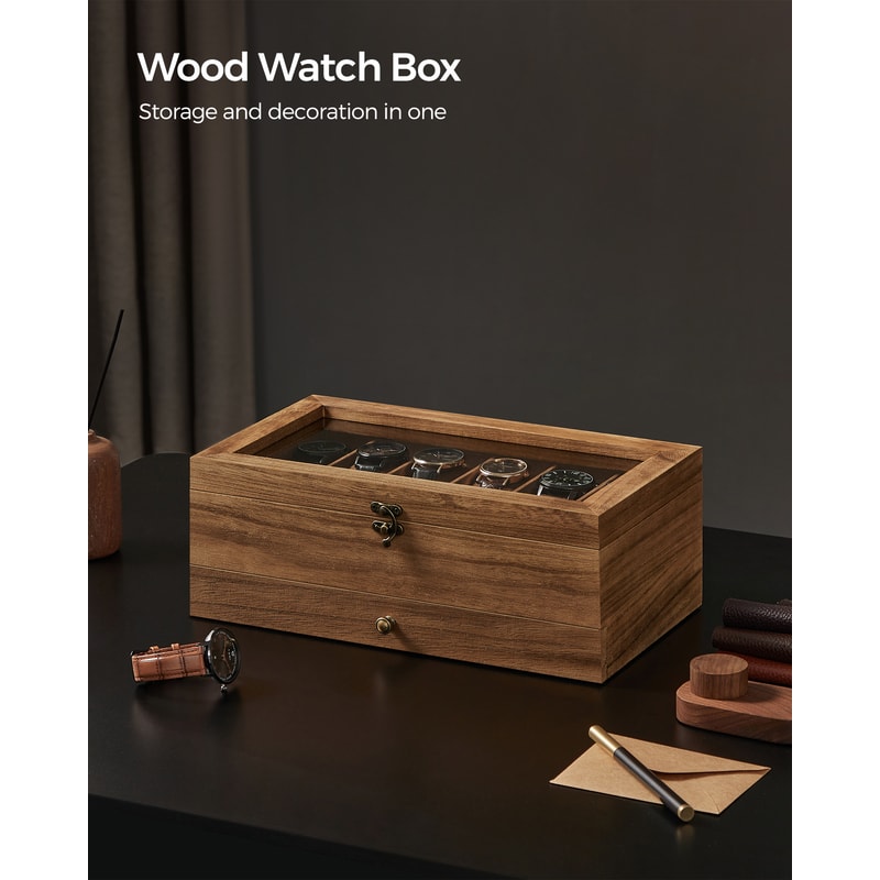 Slot Watch Box With Large Glass Lid Velvet Lining Removable Watch Pillows Jewelry Display Case 4