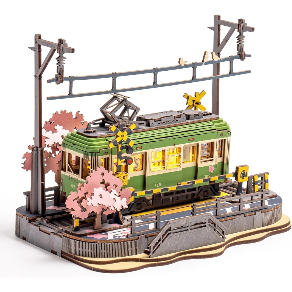 DIY 3D Puzzle Tram Sakura Journey Wooden Craft Kits with LED Light Model Building Toy for Kids Brain Teaser Gift