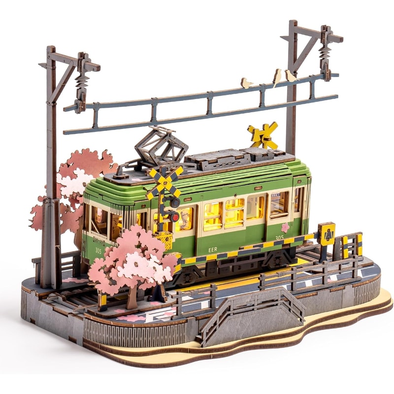 DIY 3D Puzzle Tram Sakura Journey Wooden Craft Kits with LED Light Model Building Toy for Kids Brain Teaser Gift
