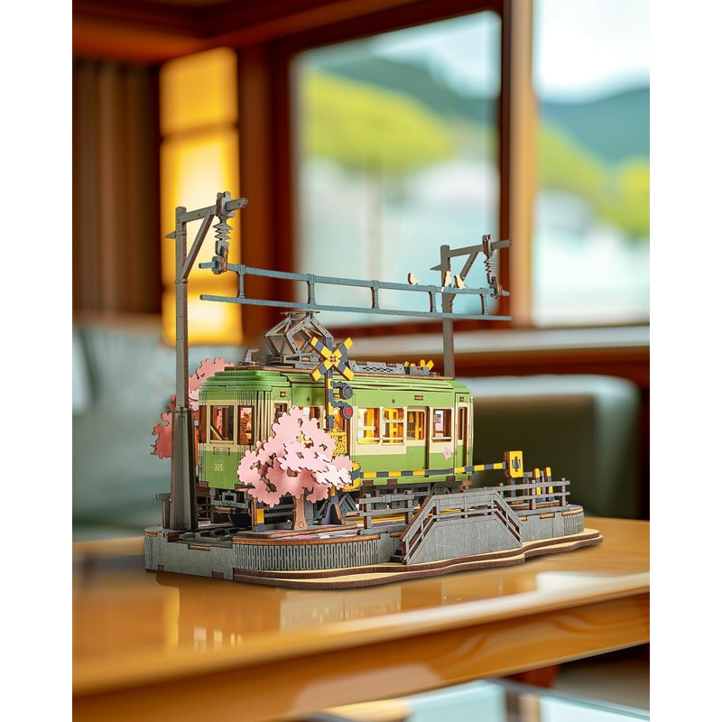 DIY 3D Puzzle Tram Sakura Journey Wooden Craft Kits with LED Light Model Building Toy for Kids Brain Teaser Gift