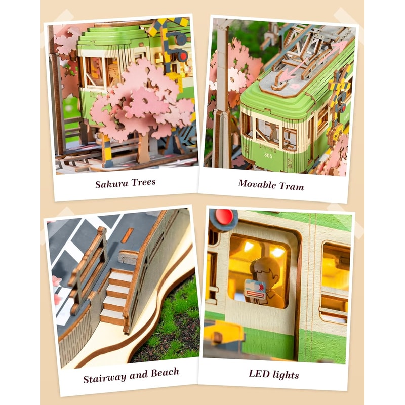 DIY 3D Puzzle Tram Sakura Journey Wooden Craft Kits with LED Light Model Building Toy for Kids Brain Teaser Gift