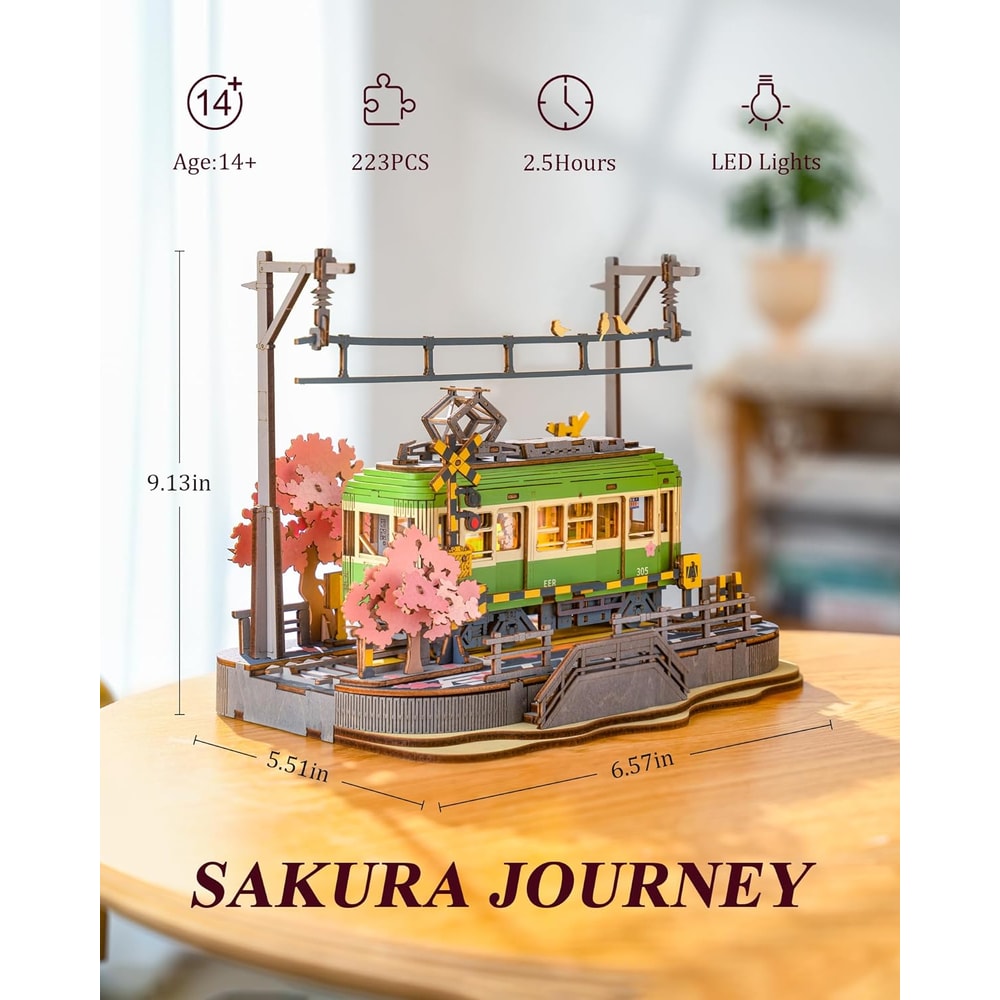 DIY 3D Puzzle Tram Sakura Journey Wooden Craft Kits with LED Light Model Building Toy for Kids Brain Teaser Gift