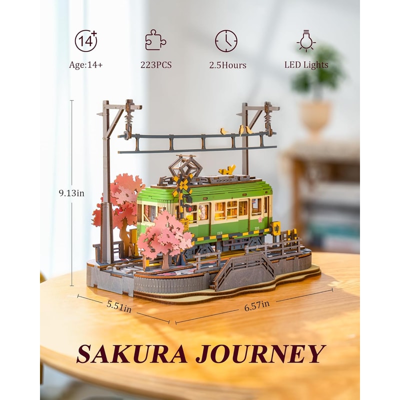 DIY 3D Puzzle Tram Sakura Journey Wooden Craft Kits with LED Light Model Building Toy for Kids Brain Teaser Gift