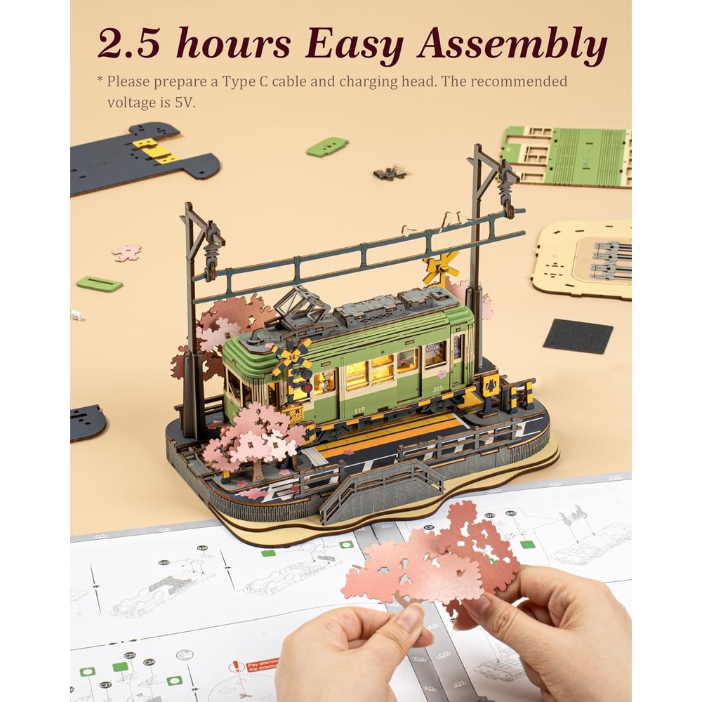 DIY 3D Puzzle Tram Sakura Journey Wooden Craft Kits with LED Light Model Building Toy for Kids Brain Teaser Gift