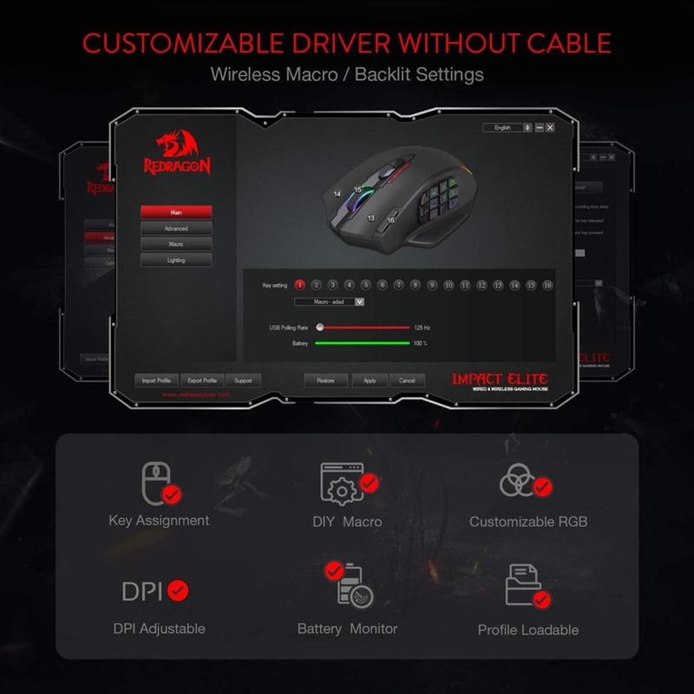 Redragon DPI Gaming Mouse RGB Optical Wired Wireless Programmable Buttons 4