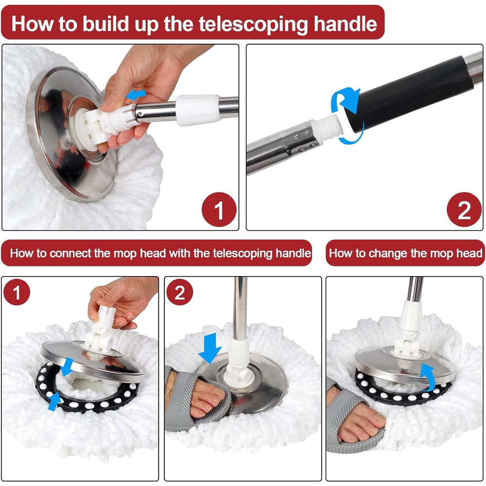 Spin Mop Set With Wring System Microfiber Heads Stainless Steel Basket Handle For Efficient Floor C 2