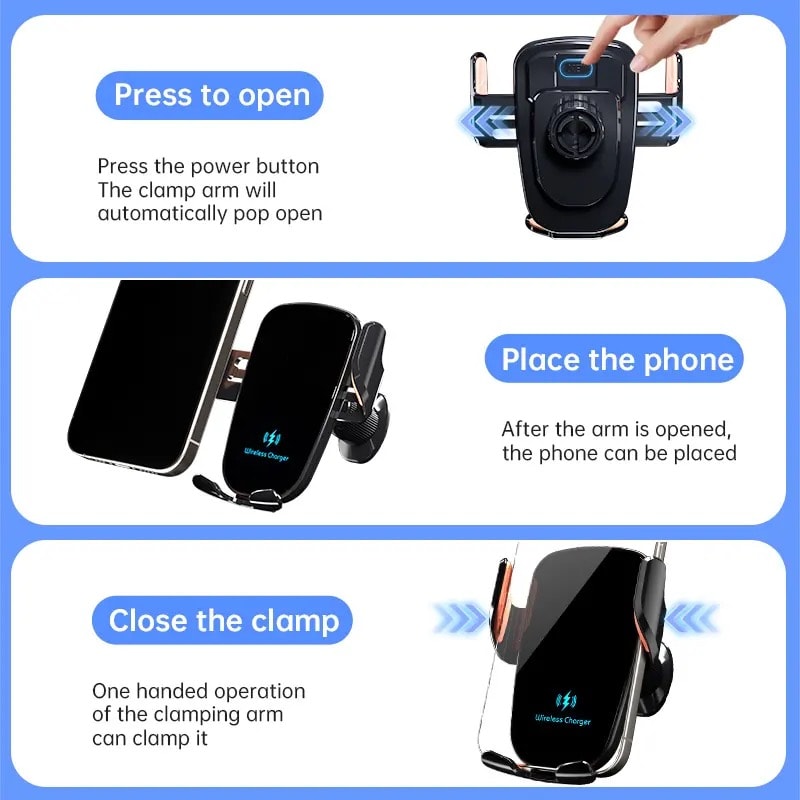 Fast Charging Wireless Car Charger With Manual Clamp Air Vent Phone Holder 5
