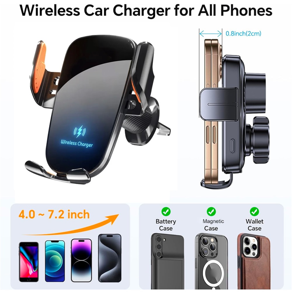 Fast Charging Wireless Car Charger With Manual Clamp Air Vent Phone Holder 6
