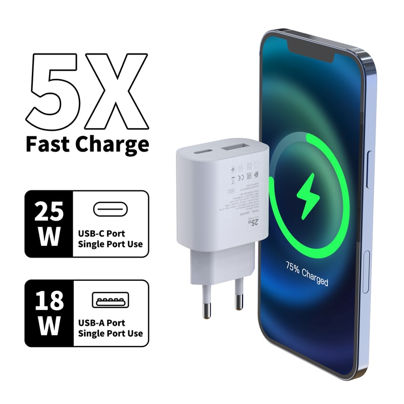 Fast Charger Adapter Dual Port USB C USB A Wall Charger For Rapid Charging 2