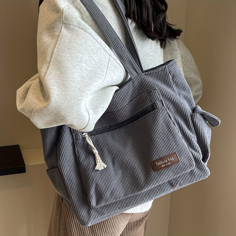 Retro Multi Pockets Handbag Simple Corduroy Tote Bag Solid Color Shoulder Bag For School Work Shopp 1