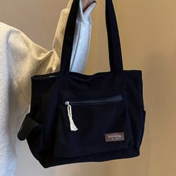 retro multi pockets handbag simple corduroy tote bag solid color shoulder bag for school work shopping