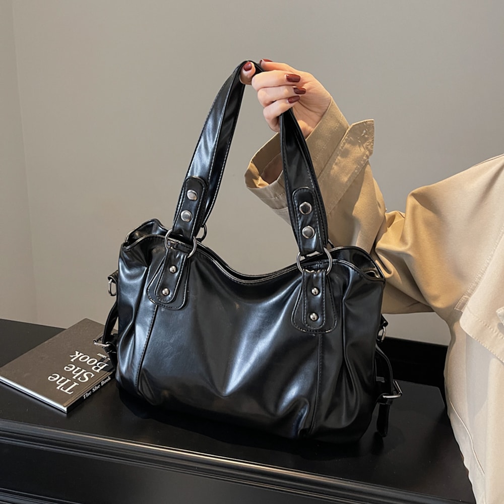 Large Capacity Womens Retro PU Shoulder Tote Bag In Pure Color 3