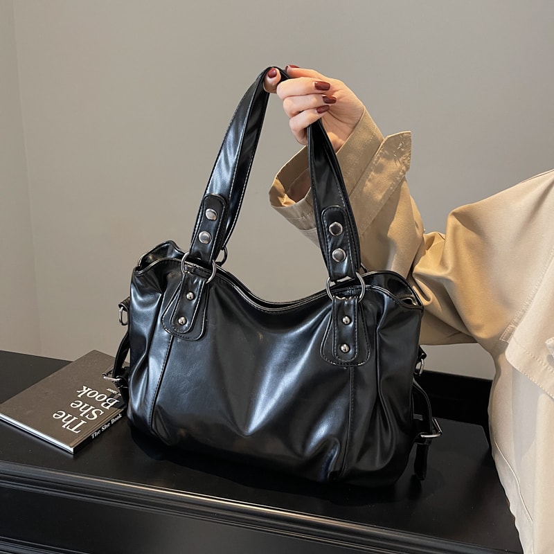 Large Capacity Womens Retro PU Shoulder Tote Bag In Pure Color 3