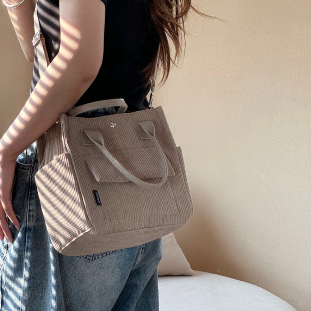Solid Color For Daily Use Hand Washable Corduroy Tote Bag With Multiple Pockets Versatile Crossbody 7