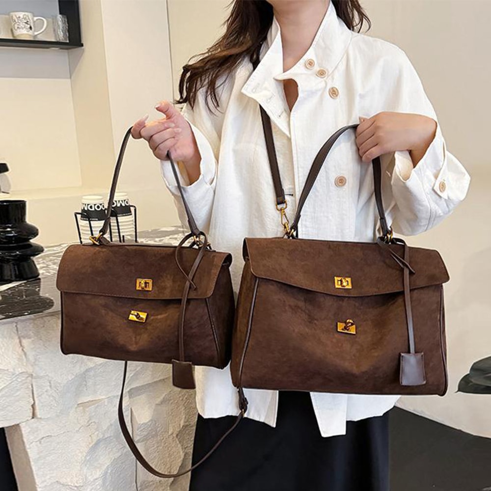 Trendy Luxury Women Messenger Bags Soft Leather Brown Suede Hand Held Totes With Gold Buckle Should 3