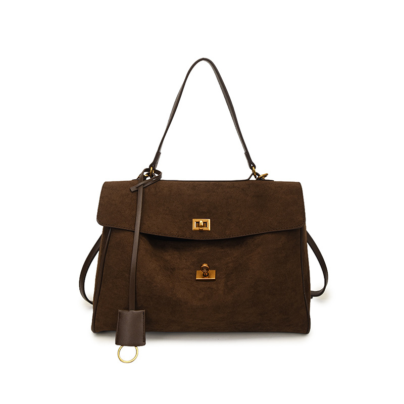 Trendy Luxury Women Messenger Bags Soft Leather Brown Suede Hand Held Totes With Gold Buckle Should 7
