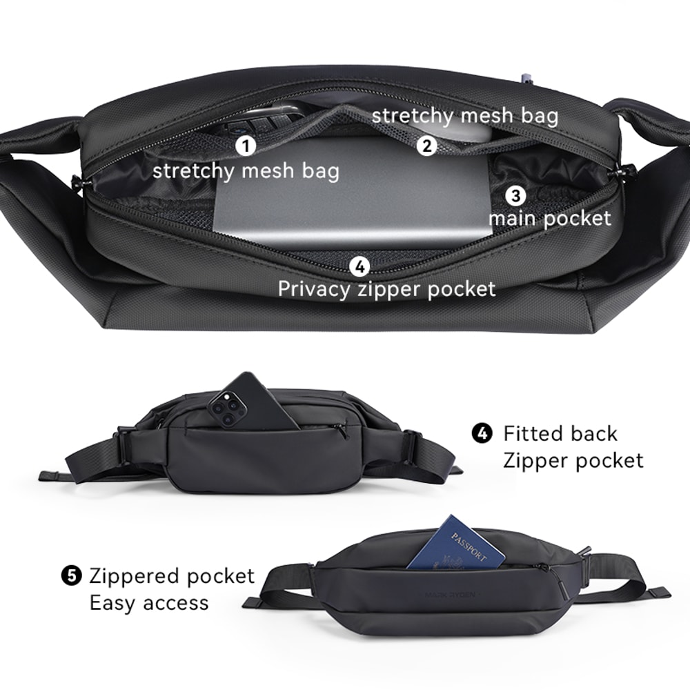 Large Capacity Waterproof Mens Crossbody Bag Zipper Black Satchel With Magnetic Buckle 4