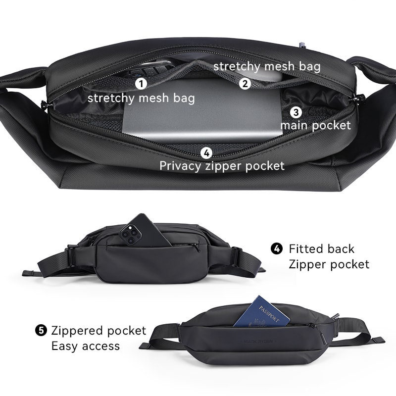 Large Capacity Waterproof Mens Crossbody Bag Zipper Black Satchel With Magnetic Buckle 4