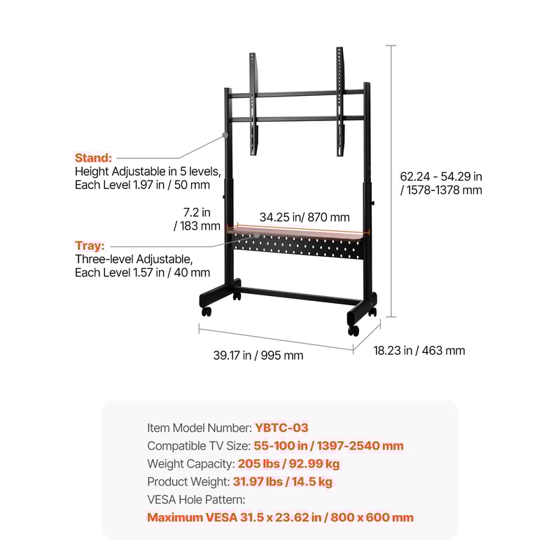 Mobile TV Stand On Wheels Rolling TV Cart With Adjustable Height Portable Stand For Living Room Bed 8