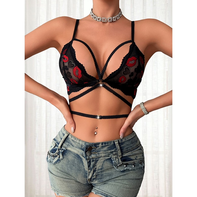Floral Sexy Women's Bras Lip Print Decor Adjustable Strap Wire-Free Padless Underwear New Style Fashion