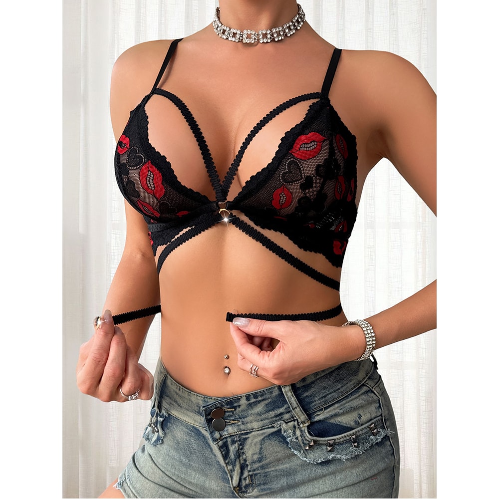 Floral Sexy Women's Bras Lip Print Decor Adjustable Strap Wire-Free Padless Underwear New Style Fashion