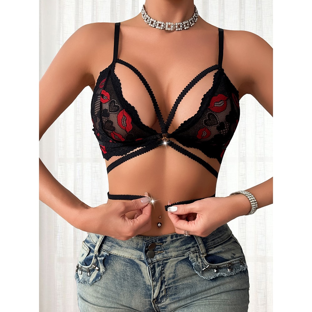 Floral Sexy Women's Bras Lip Print Decor Adjustable Strap Wire-Free Padless Underwear New Style Fashion