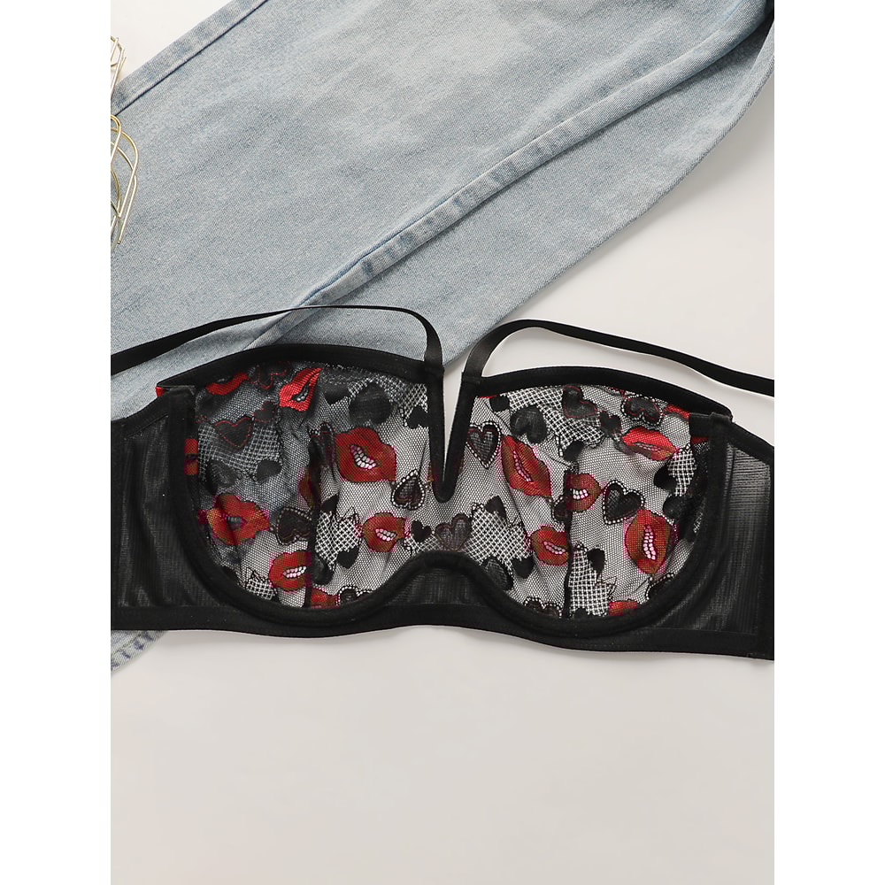 Sexy Red Lips Heart-Shaped Lace Bra Women's Plus Size Deep V Hanging Neck Steel Rimmed Push-Up Bra