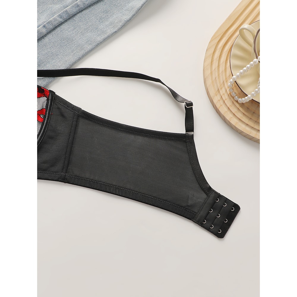 Sexy Red Lips Heart-Shaped Lace Bra Women's Plus Size Deep V Hanging Neck Steel Rimmed Push-Up Bra